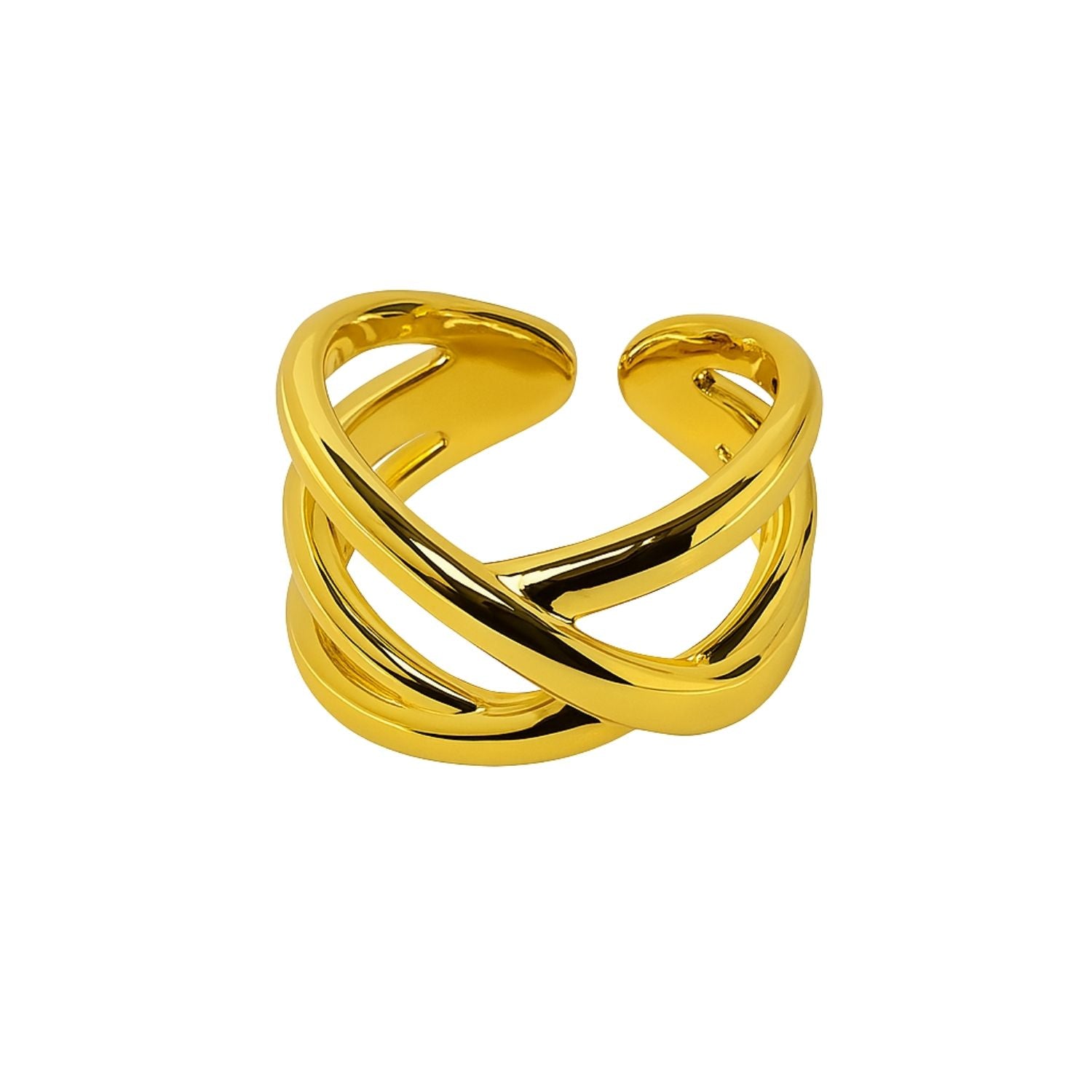Gold Crossover Statement Ring – Bold Adjustable Band Fashion Ring for Women & Girls
