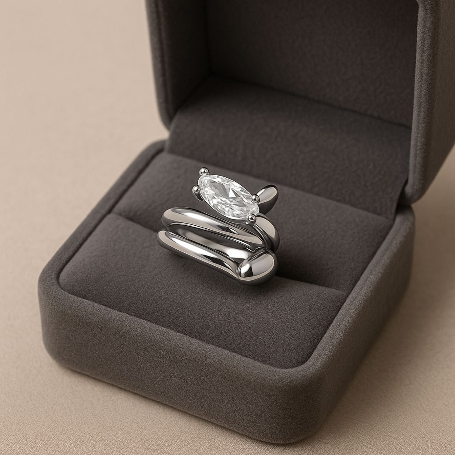 Silver Marquise Solitaire Ring – Twisted Adjustable Band Statement Ring for Women & Girls