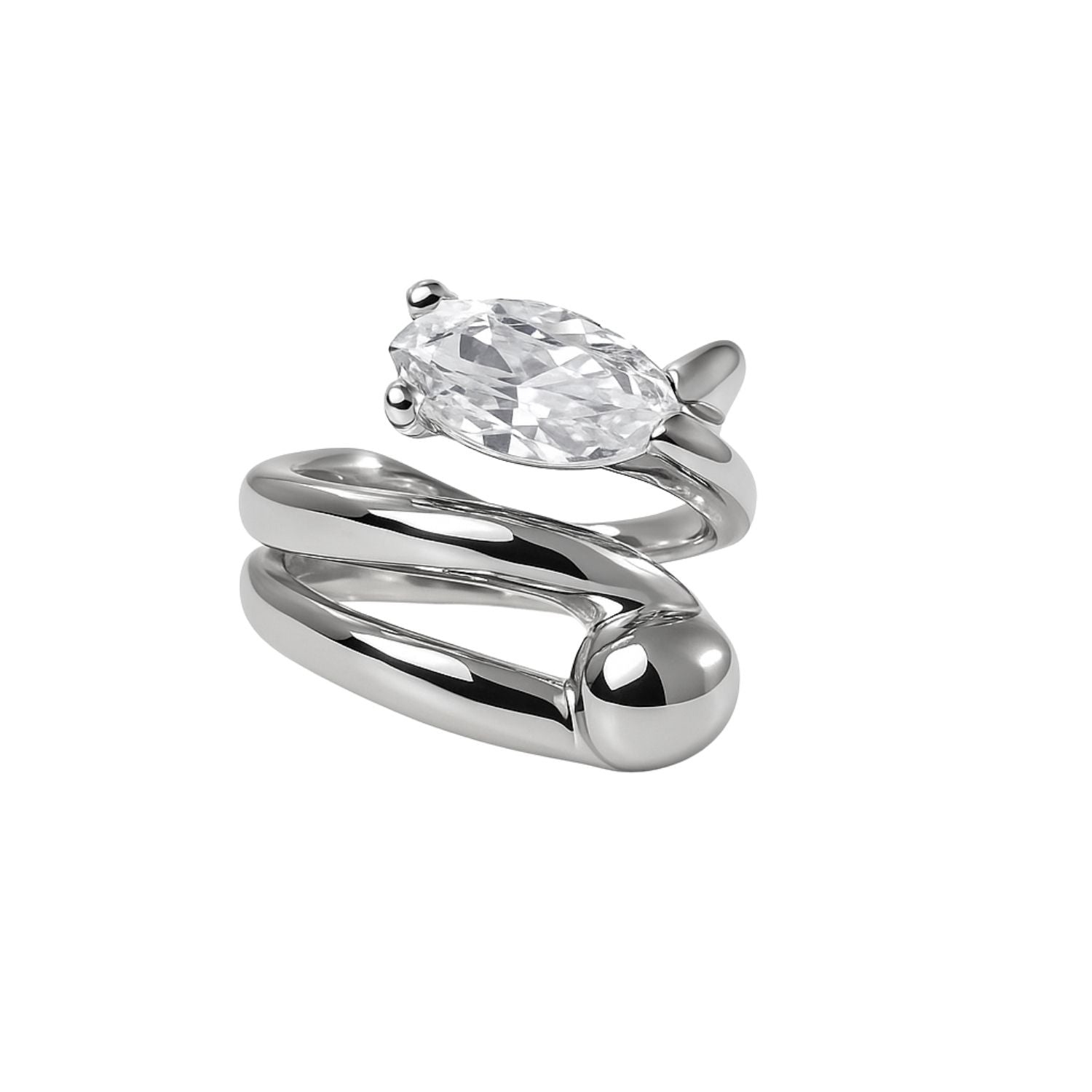 Silver Marquise Solitaire Ring – Twisted Adjustable Band Statement Ring for Women & Girls