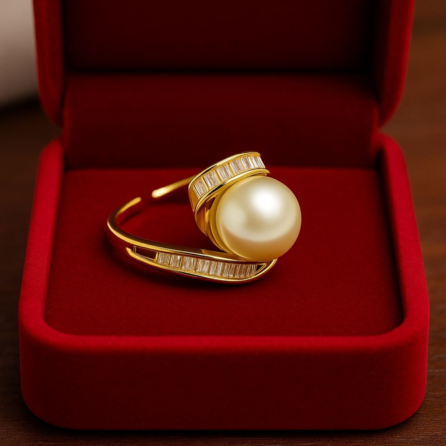 Gold Pearl Wrap Ring – Adjustable Statement Ring with Baguette Crystals for Women