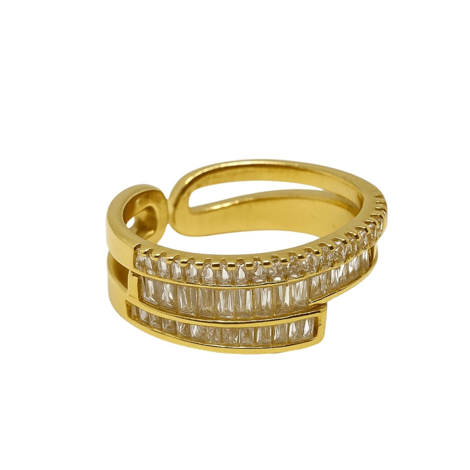 Gold Double Row Crystal Ring – Baguette-Cut Adjustable Cocktail Ring for Women & Girls