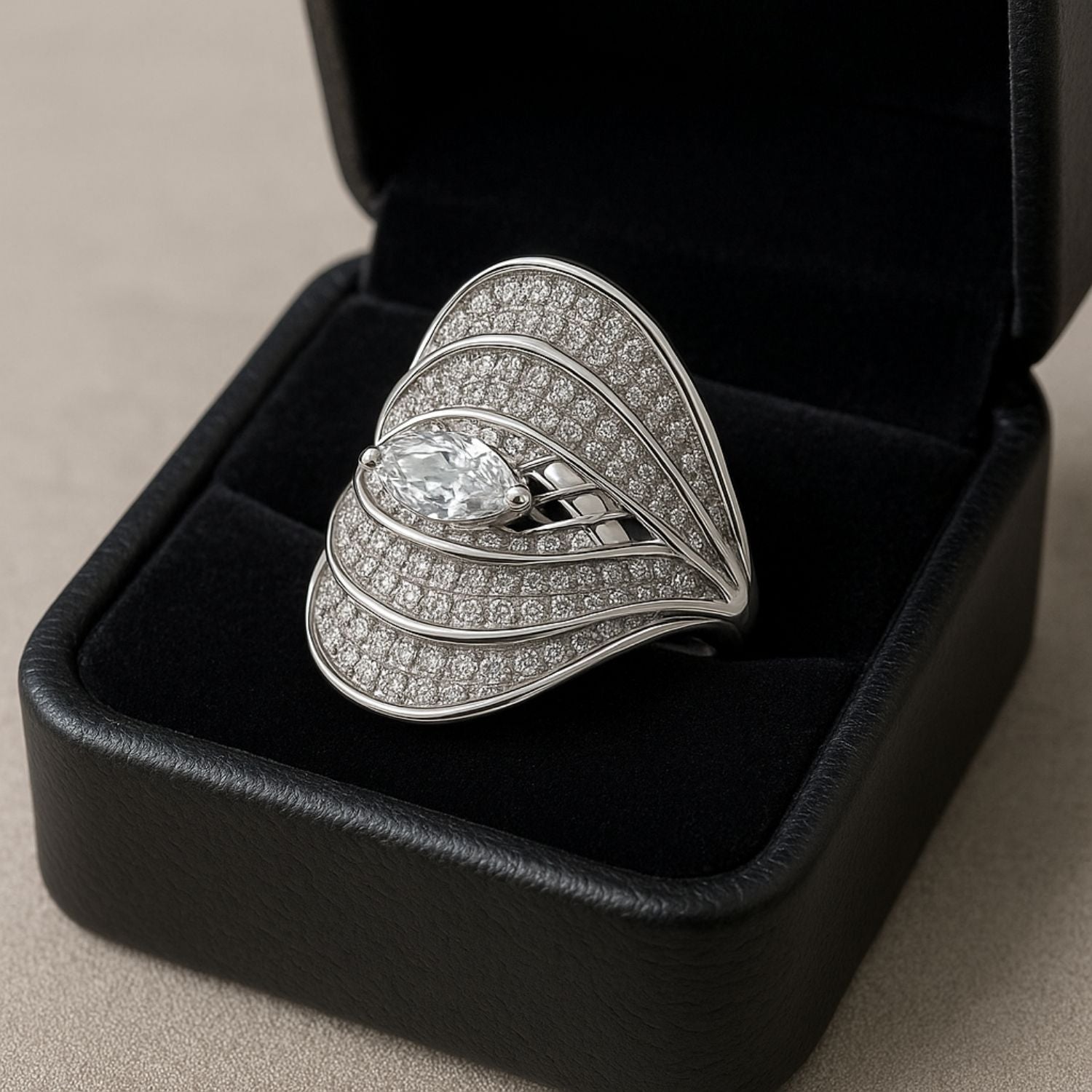 Premium Silver Marquise Fan Ring(Adjustable) – Statement Cocktail Ring with Layered Crystal Detailing