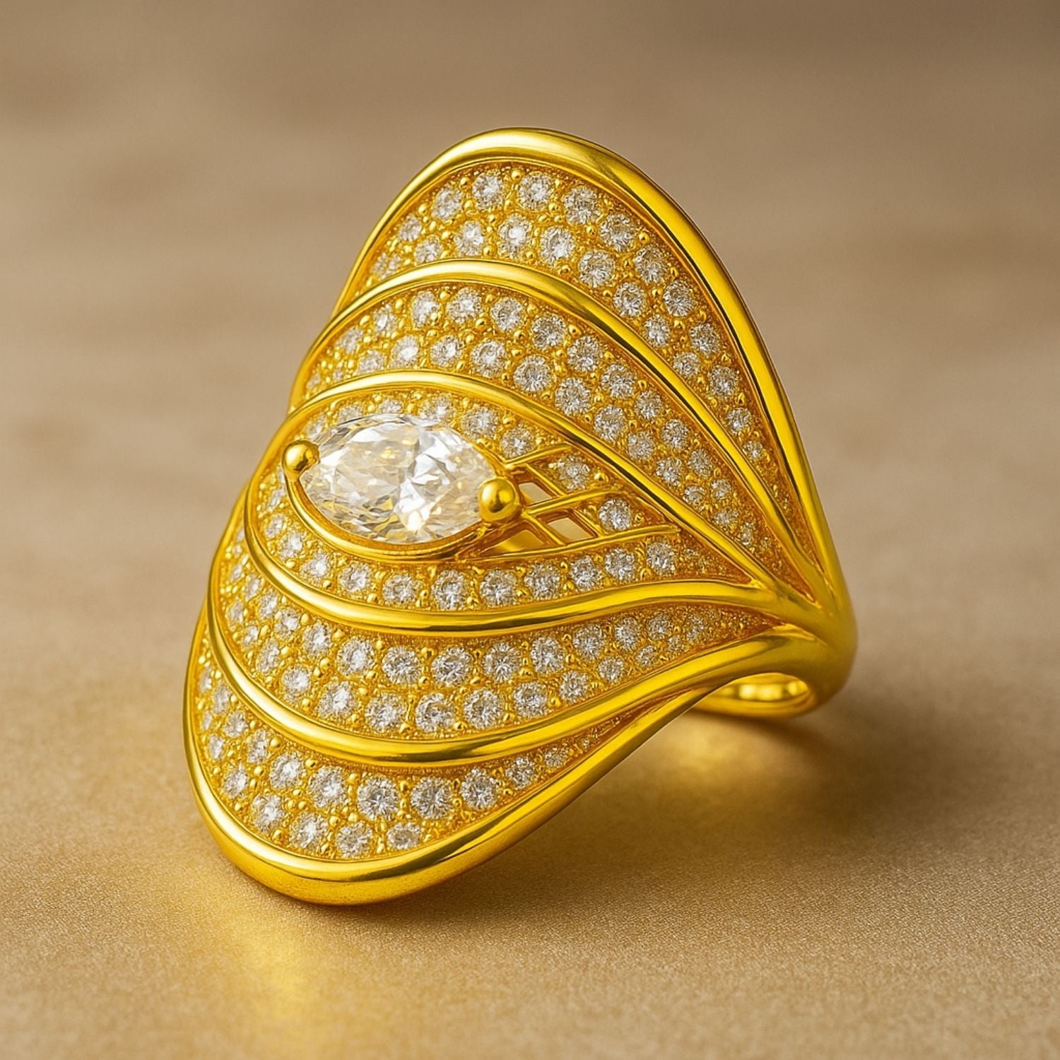 Premium Gold Marquise Fan Ring(Adjustable) – Statement Cocktail Ring with Layered Pavé Crystals