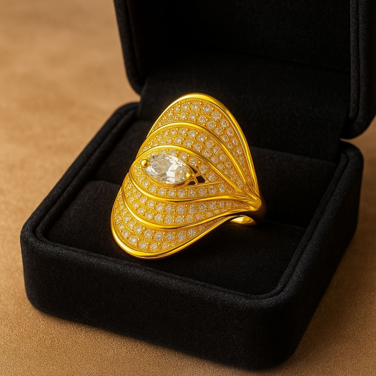 Premium Gold Marquise Fan Ring(Adjustable) – Statement Cocktail Ring with Layered Pavé Crystals
