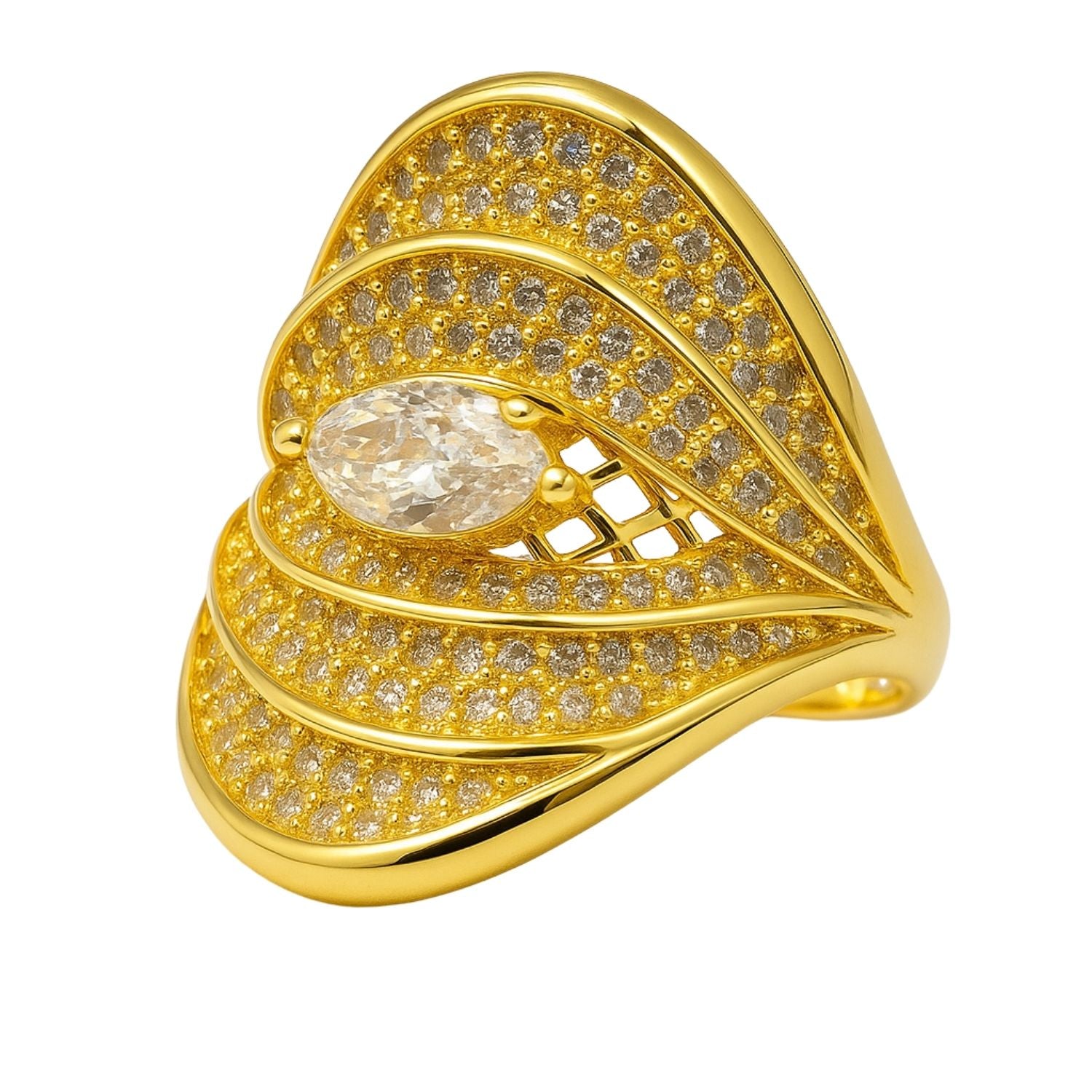 Premium Gold Marquise Fan Ring(Adjustable) – Statement Cocktail Ring with Layered Pavé Crystals