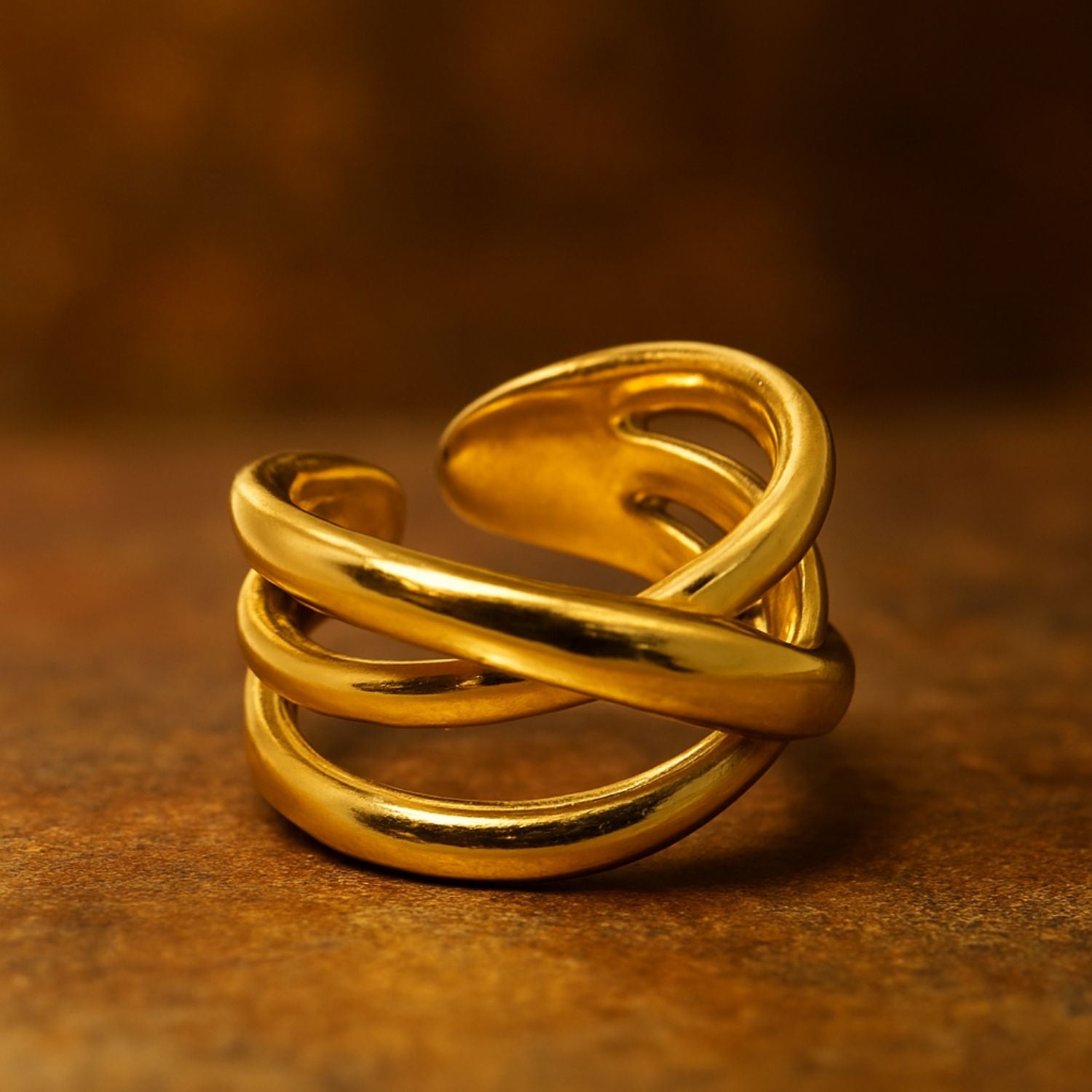 Gold Crossover Statement Ring – Bold Adjustable Band Fashion Ring for Women & Girls