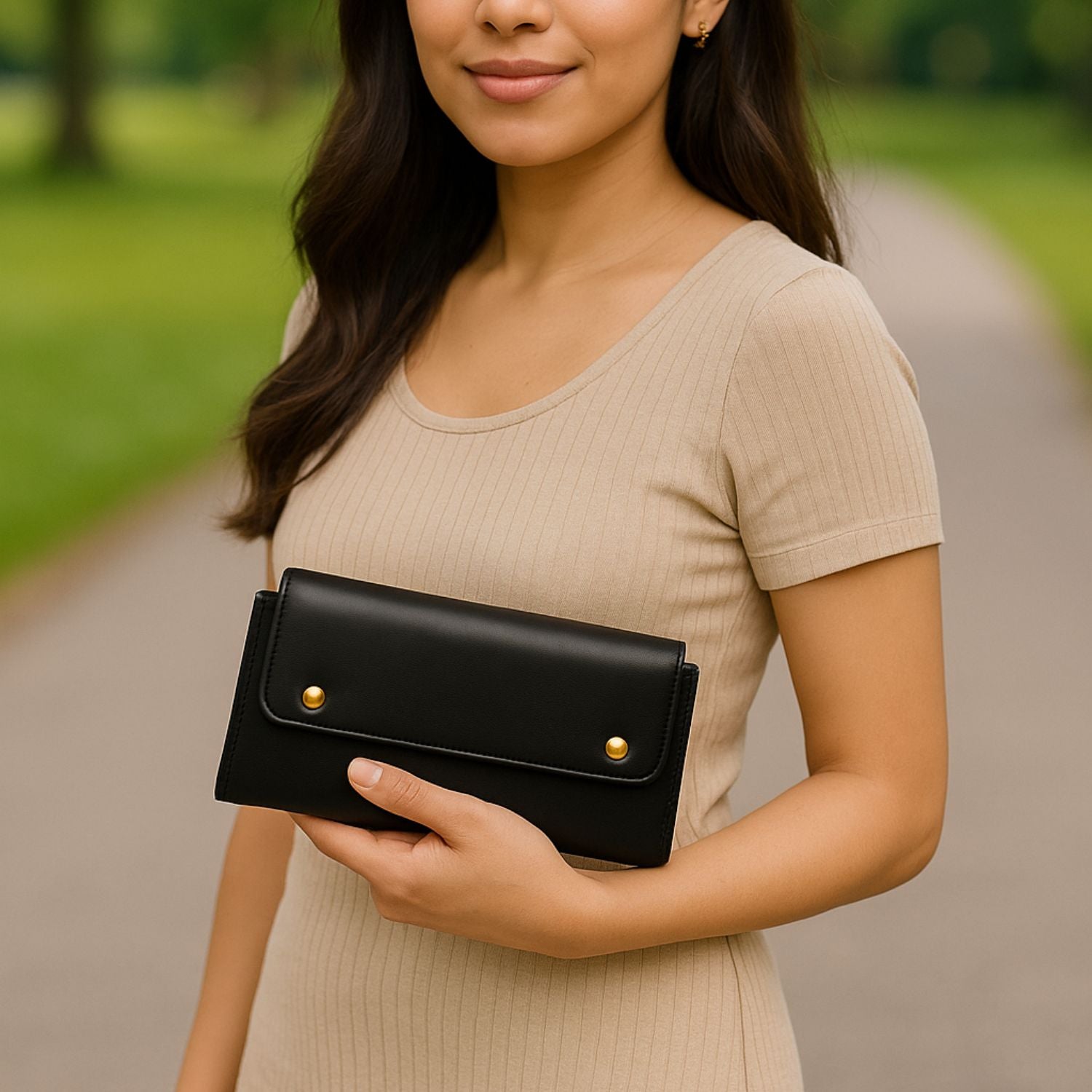 Women’s Long Wallet Clutch – Glossy PU Leather with Removable Zip Pouch, 10+ Card Slots, ID Window & Multi-Snap Closure (Blush Pink)