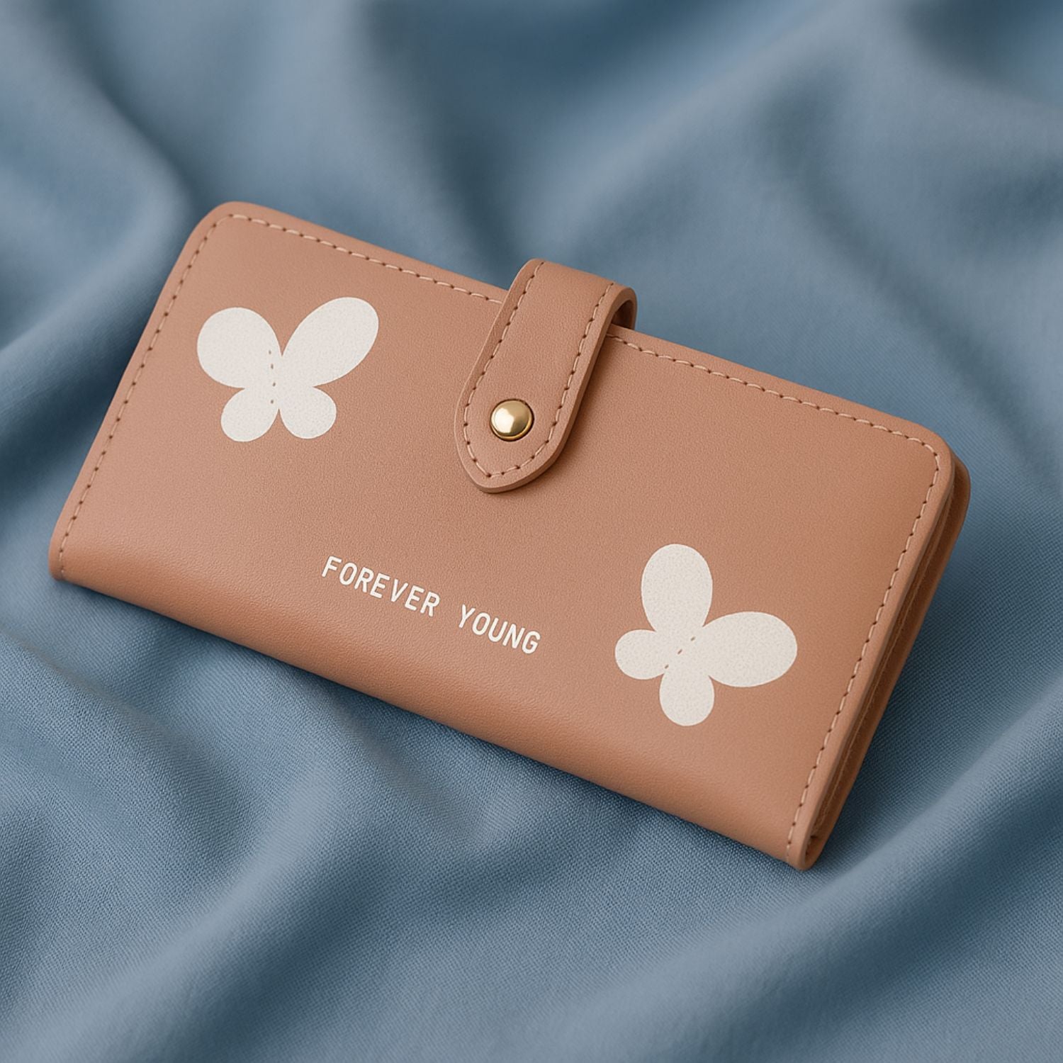 Women’s Butterfly Long Wallet – PU Leather Clutch with Removable Zipper Compartment, 12+ Card Slots, ID Window & Strap Snap Closure (Peach Pink)