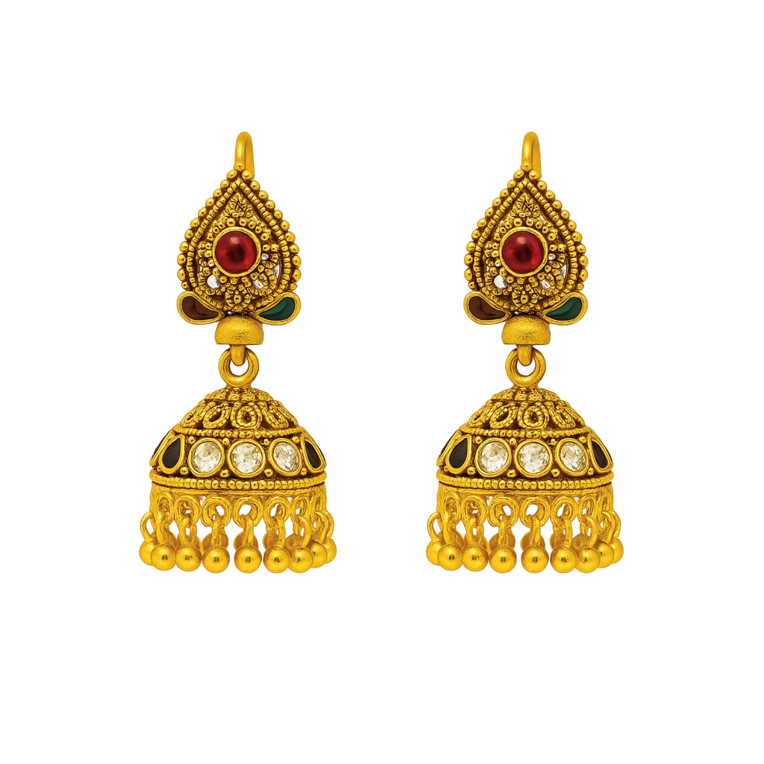 Traditional Golden (Mini) Jhumka Earrings for Women & Girls | Antique Temple Design With Red & Green Stones | Festive Wedding Ethnic Indian Jewellery | Anti-Tarnish