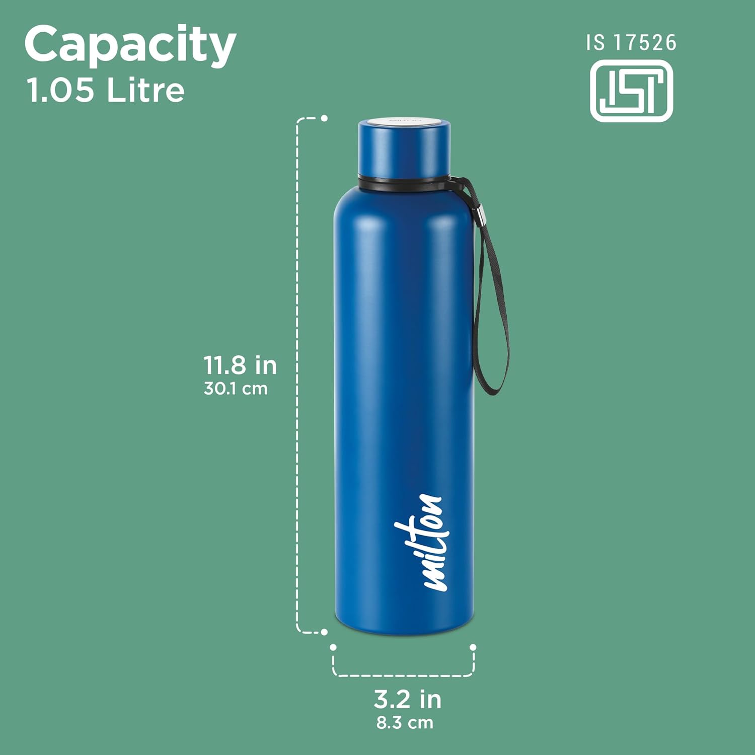 Milton Aura 1000 Thermosteel Water Bottle 1050 ml, 24 Hr Hot and Cold I Leak Proof Lid, ISI Certified I Vacuum Insulated I for Office, Gym, School