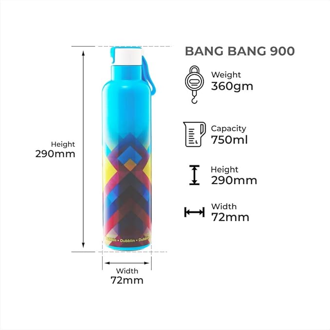 Dubblin Bang Bang Stainless Steel Double Wall Vacuum Insulated BPA Free Water Bottle with Anti Skid Bottom & Leak Proof Lid, Sports Thermos Flask Keeps Hot 12 Hours, Cold 24 Hours(900ml)