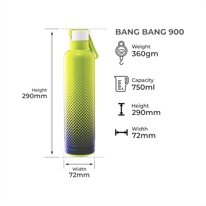 Dubblin Bang Bang Stainless Steel Double Wall Vacuum Insulated BPA Free Water Bottle with Anti Skid Bottom & Leak Proof Lid, Sports Thermos Flask Keeps Hot 12 Hours, Cold 24 Hours(900ml)