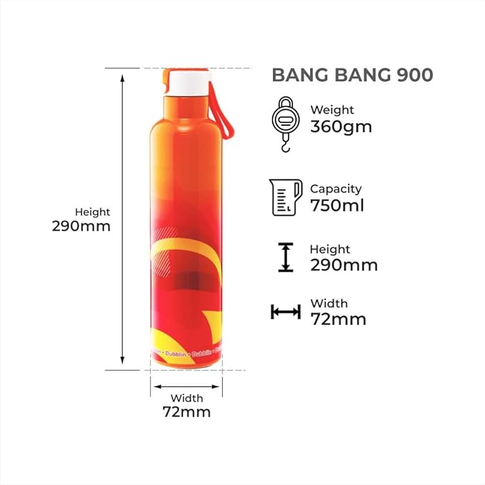 Dubblin Bang Bang Stainless Steel Double Wall Vacuum Insulated BPA Free Water Bottle with Anti Skid Bottom & Leak Proof Lid, Sports Thermos Flask Keeps Hot 12 Hours, Cold 24 Hours(900ml)