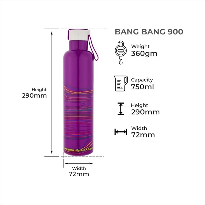 Dubblin Bang Bang Stainless Steel Double Wall Vacuum Insulated BPA Free Water Bottle with Anti Skid Bottom & Leak Proof Lid, Sports Thermos Flask Keeps Hot 12 Hours, Cold 24 Hours(900ml)