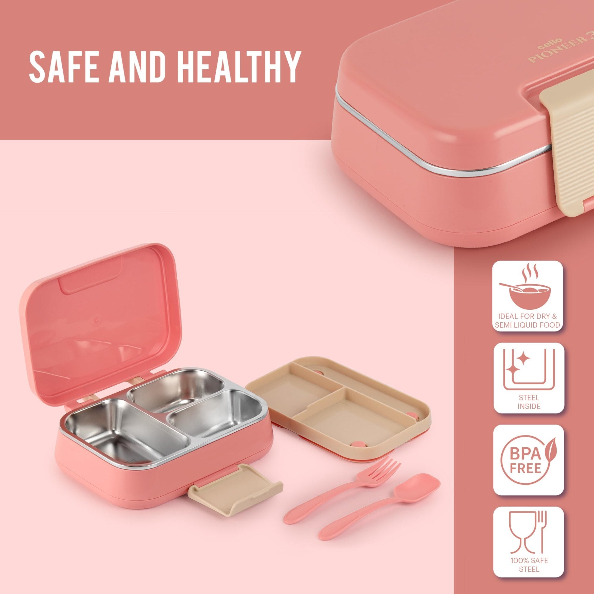 CELLO Pioneer | Insulated Lunch Box with Inner Steel | Separate Steel Compartments with Fork & Spoon | Ideal for College,Office, Outdoor Activities | Set of 1