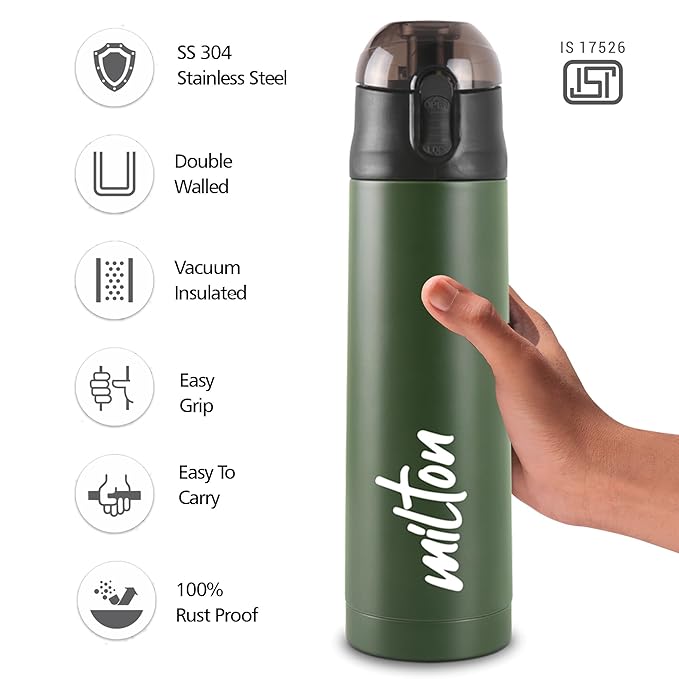 Milton New Crown 900 Thermosteel Water Bottle 750 ml with One Touch Safety Lock, 24 Hours Hot and Cold, Leak Proof Lid, ISI Certified I Vacuum Insulated I for Office, Gym, School