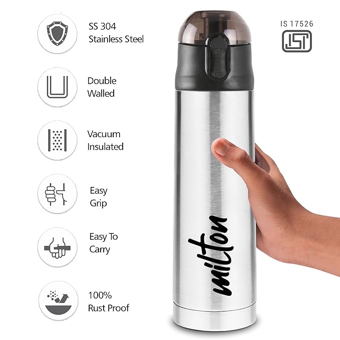 Milton New Crown 900 Thermosteel Water Bottle 750 ml with One Touch Safety Lock, 24 Hours Hot and Cold, Leak Proof Lid, ISI Certified I Vacuum Insulated I for Office, Gym, School