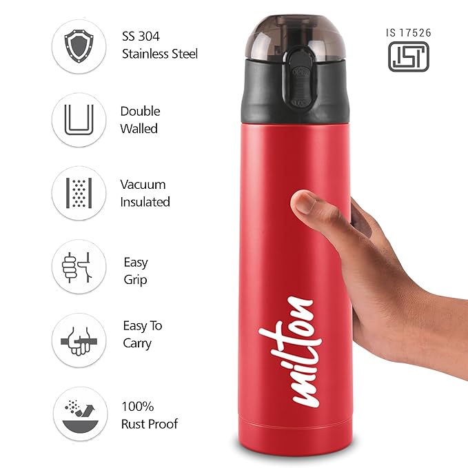 Milton New Crown 900 Thermosteel Water Bottle 750 ml with One Touch Safety Lock, 24 Hours Hot and Cold, Leak Proof Lid, ISI Certified I Vacuum Insulated I for Office, Gym, School