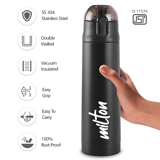 Milton New Crown 900 Thermosteel Water Bottle 750 ml with One Touch Safety Lock, 24 Hours Hot and Cold, Leak Proof Lid, ISI Certified I Vacuum Insulated I for Office, Gym, School