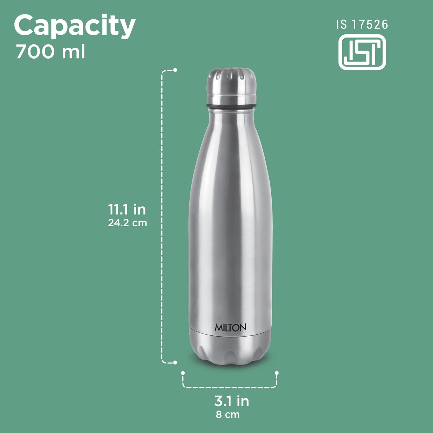 Milton Duo DLX 500 Thermosteel Water Bottle 750ml, 24 Hr Hot and Cold I Leak Proof Lid, ISI Certified I Vacuum Insulated I for Office, Gym, School I Silver