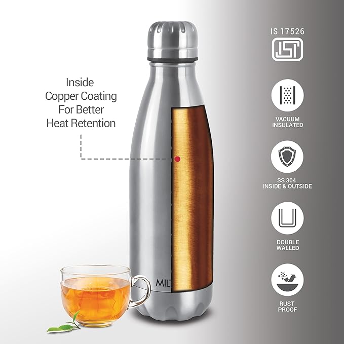 Milton Duo DLX 500 Thermosteel Water Bottle 750ml, 24 Hr Hot and Cold I Leak Proof Lid, ISI Certified I Vacuum Insulated I for Office, Gym, School I Silver