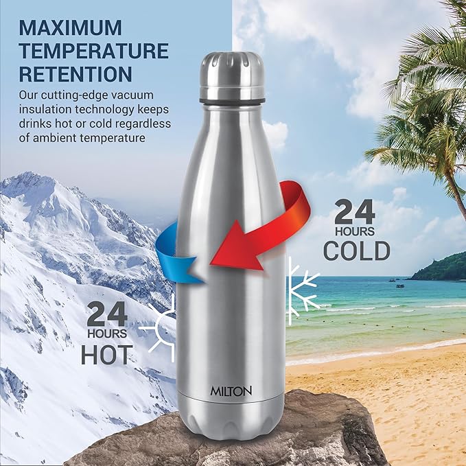 Milton Duo DLX 500 Thermosteel Water Bottle 750ml, 24 Hr Hot and Cold I Leak Proof Lid, ISI Certified I Vacuum Insulated I for Office, Gym, School I Silver