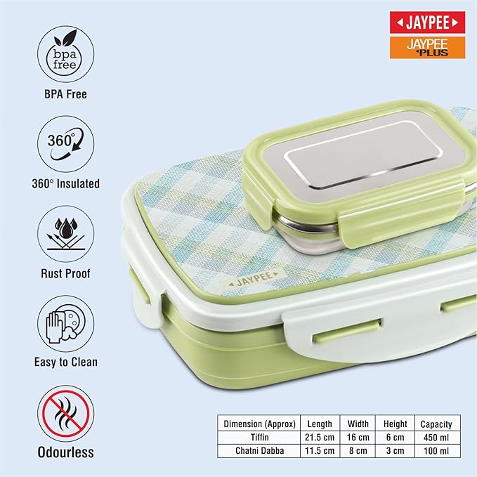 JAYPEE Ecosteel Sr. Inner Stainless Steel Insulated Lunch Box for School Kids |Airtight Leakproof Tiffin Box for Kids |Food Grade|BPA Free, 550 ml, Green