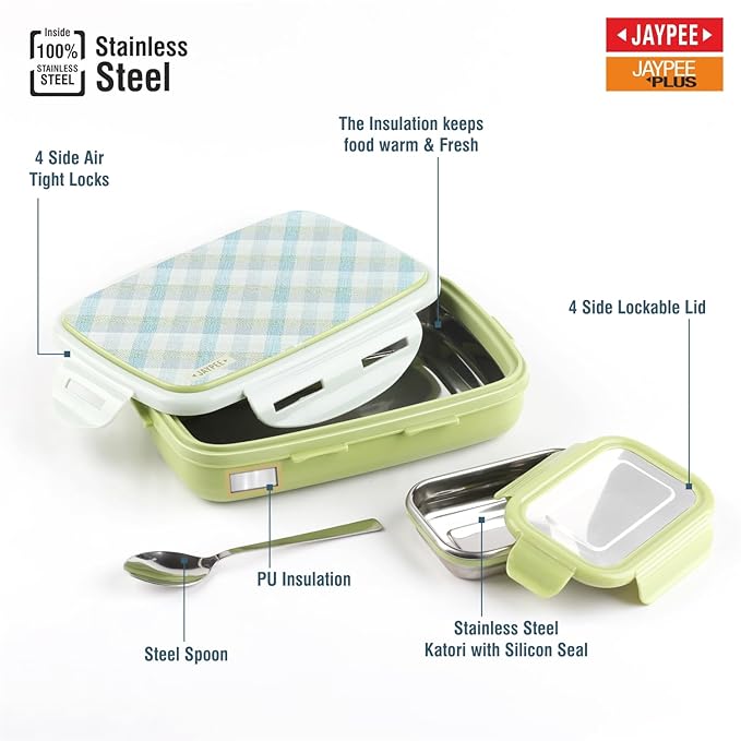 JAYPEE Ecosteel Sr. Inner Stainless Steel Insulated Lunch Box for School Kids |Airtight Leakproof Tiffin Box for Kids |Food Grade|BPA Free, 550 ml, Green