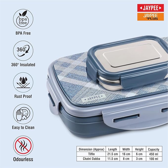 JAYPEE Ecosteel Sr. Inner Stainless Steel Insulated Lunch Box for School Kids |Airtight Leakproof Tiffin Box for Kids |Food Grade|BPA Free, 550 ml, Green