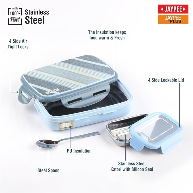 JAYPEE Ecosteel Sr. Inner Stainless Steel Insulated Lunch Box for School Kids |Airtight Leakproof Tiffin Box for Kids |Food Grade|BPA Free, 550 ml, Green