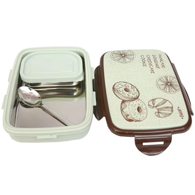 JAYPEE Ecosteel Jr Pista Brown 550 ml Inner Stainless Steel Insulated Lunch Box for School Snacks Box Office|Spoon| Airtight | Leakproof Tiffin Box for Kids | Food Grade | BPA Free