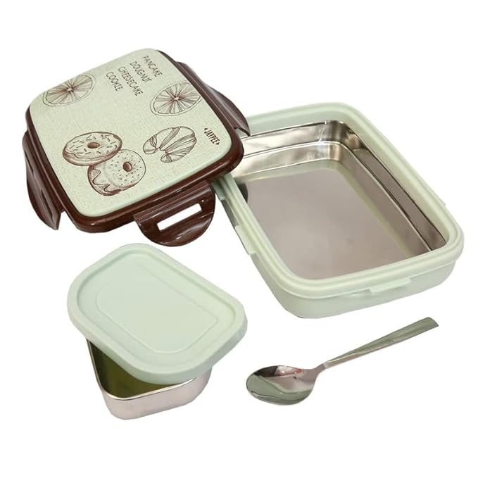 JAYPEE Ecosteel Jr Pista Brown 550 ml Inner Stainless Steel Insulated Lunch Box for School Snacks Box Office|Spoon| Airtight | Leakproof Tiffin Box for Kids | Food Grade | BPA Free