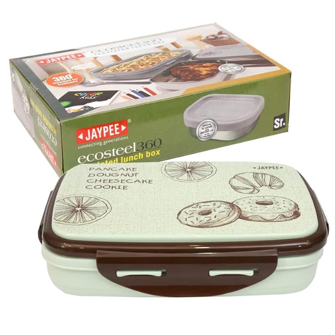 JAYPEE Ecosteel Jr Pista Brown 550 ml Inner Stainless Steel Insulated Lunch Box for School Snacks Box Office|Spoon| Airtight | Leakproof Tiffin Box for Kids | Food Grade | BPA Free