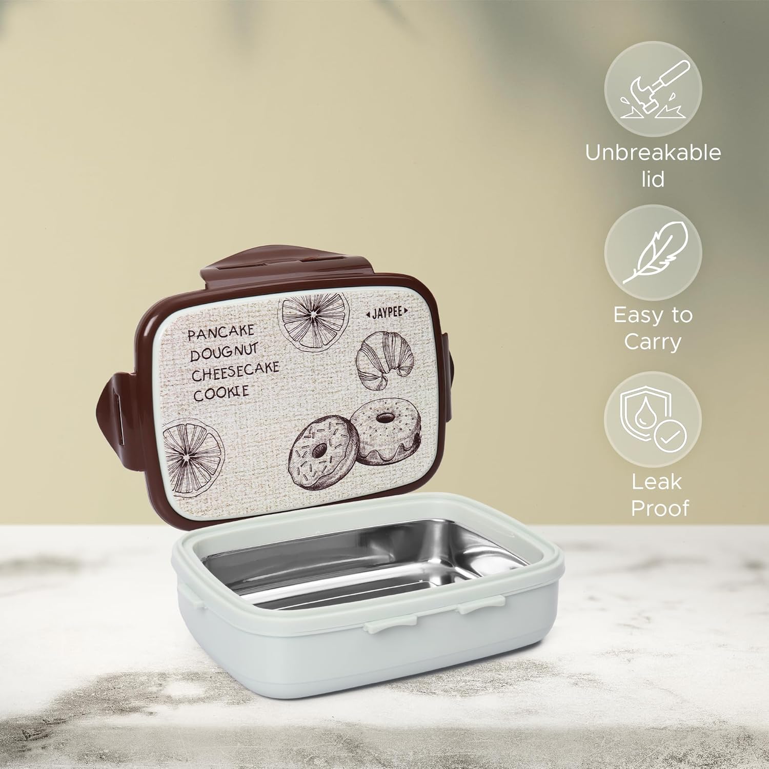 JAYPEE Ecosteel Jr Pista Brown 550 ml Inner Stainless Steel Insulated Lunch Box for School Snacks Box Office|Spoon| Airtight | Leakproof Tiffin Box for Kids | Food Grade | BPA Free