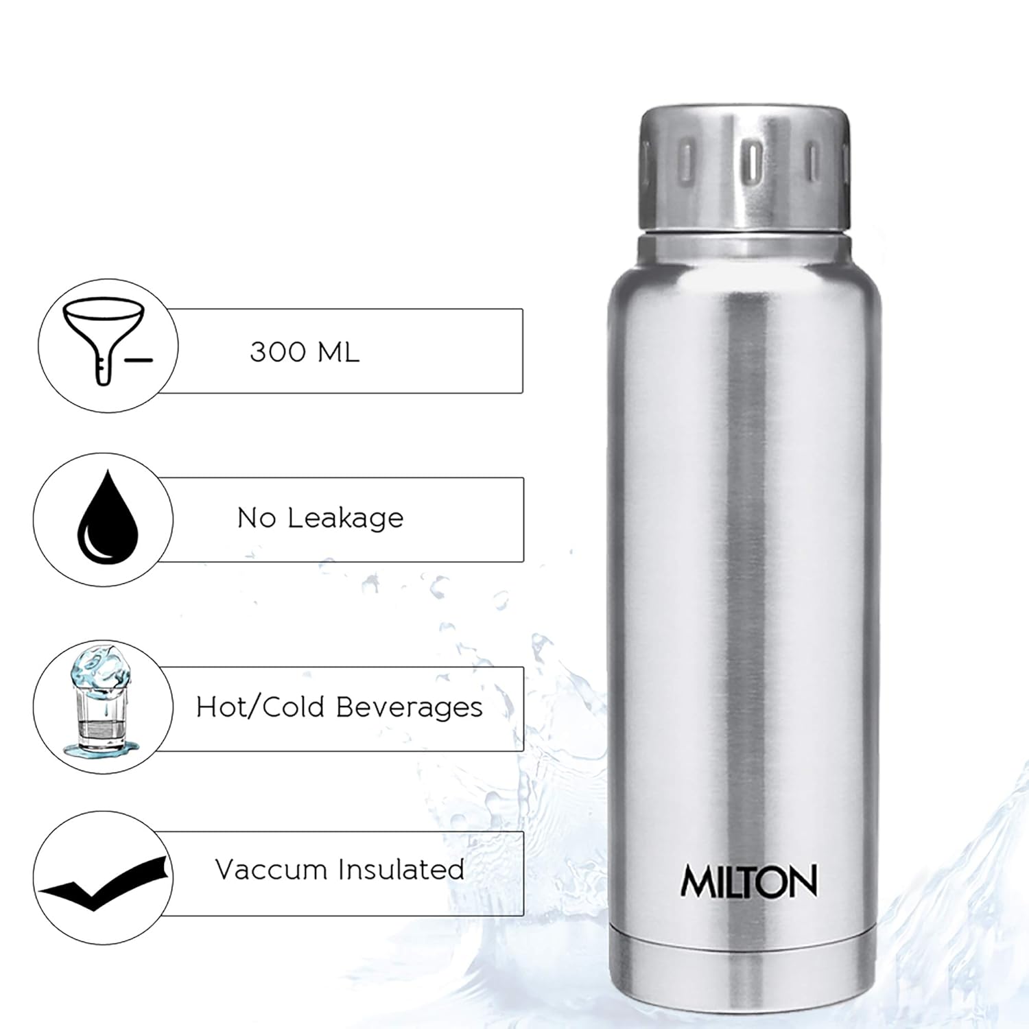 Milton Elfin Thermosteel 300 ml Water Bottle, 24 Hr Hot and Cold I Leak Proof Lid, ISI Certified I Vacuum Insulated I for Office, Gym, School