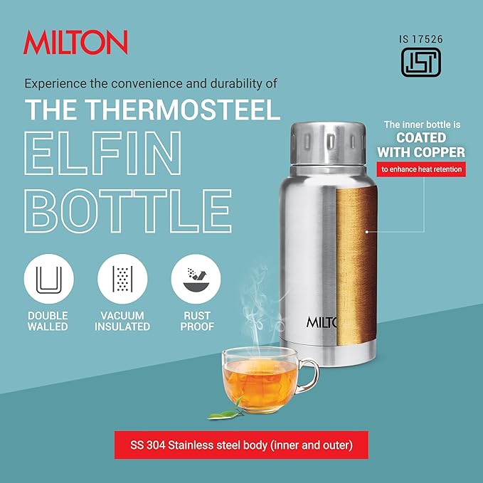 Milton Elfin Thermosteel 160 ml Water Bottle, 24 Hr Hot and Cold I Leak Proof Lid, ISI Certified I Vacuum Insulated I for Office, Gym, School