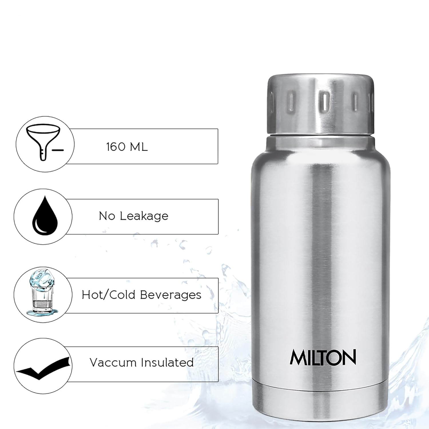 Milton Elfin Thermosteel 160 ml Water Bottle, 24 Hr Hot and Cold I Leak Proof Lid, ISI Certified I Vacuum Insulated I for Office, Gym, School