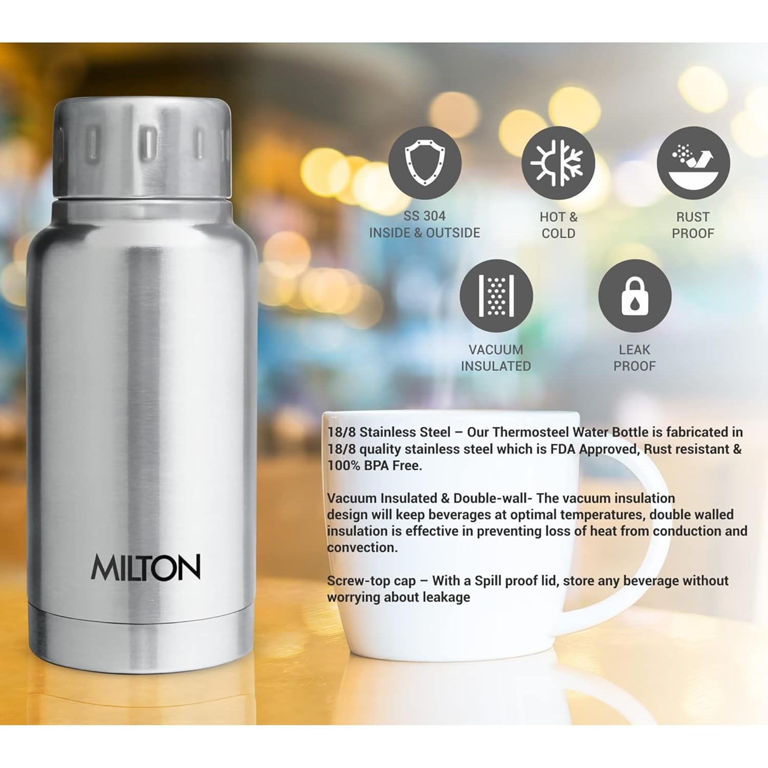 Milton Elfin Thermosteel 160 ml Water Bottle, 24 Hr Hot and Cold I Leak Proof Lid, ISI Certified I Vacuum Insulated I for Office, Gym, School