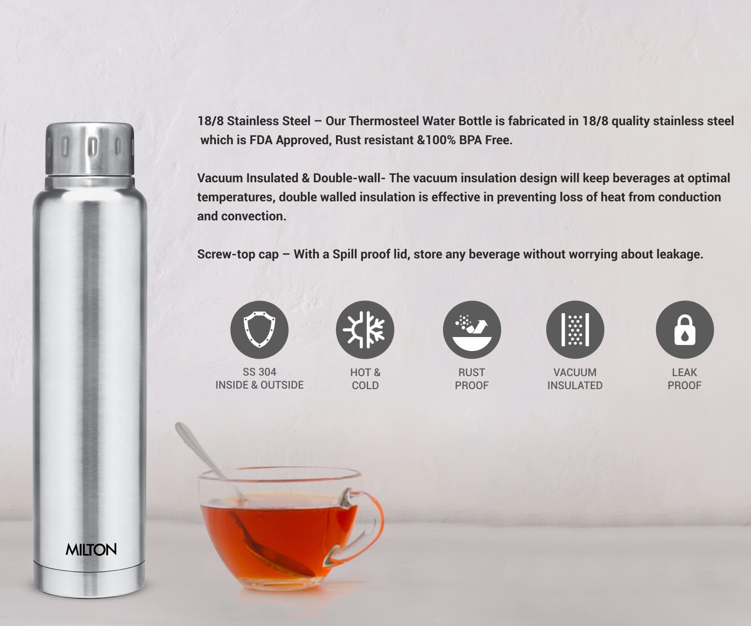 Milton Elfin Thermosteel 750 ml Water Bottle, 24 Hr Hot and Cold I Leak Proof Lid, ISI Certified I Vacuum Insulated I for Office, Gym, School I Light Blue