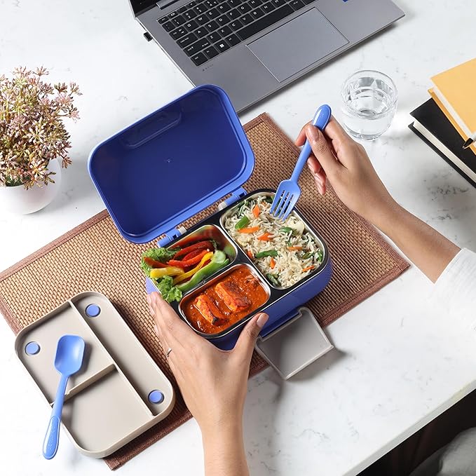 CELLO Pioneer | Insulated Lunch Box with Inner Steel | Separate Steel Compartments with Fork & Spoon | Ideal for College,Office, Outdoor Activities | Set of 1