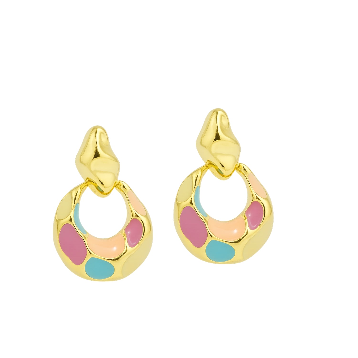 Women’s Pastel Enamel Hoop Drop Earrings – Gold-Tone Organic Molten Hoops with Stud Post, Lightweight Statement Dangles for Daily, Party & Festive Wear