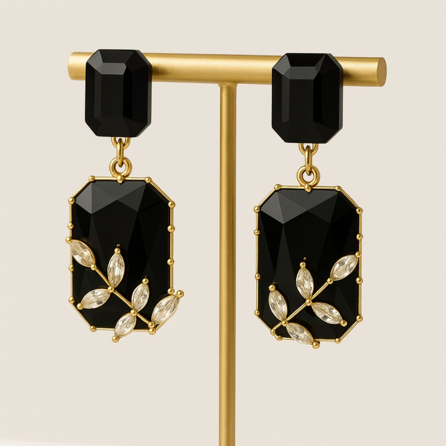 Women’s Black Statement Dangle Earrings – Gold-Tone Geometric Drop with Faceted Stones & Crystal Leaf Overlay, Party/Wedding Jewelry (Pair)