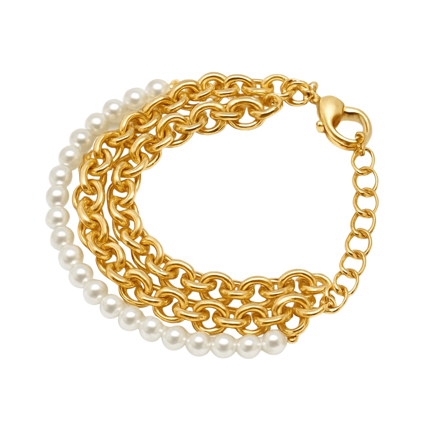 Layered Gold-Tone Chain & Pearl Bracelet for Women | 3-Strand Link + Faux Pearls | Adjustable 6.5–8.5 in with Extender | Lobster Clasp