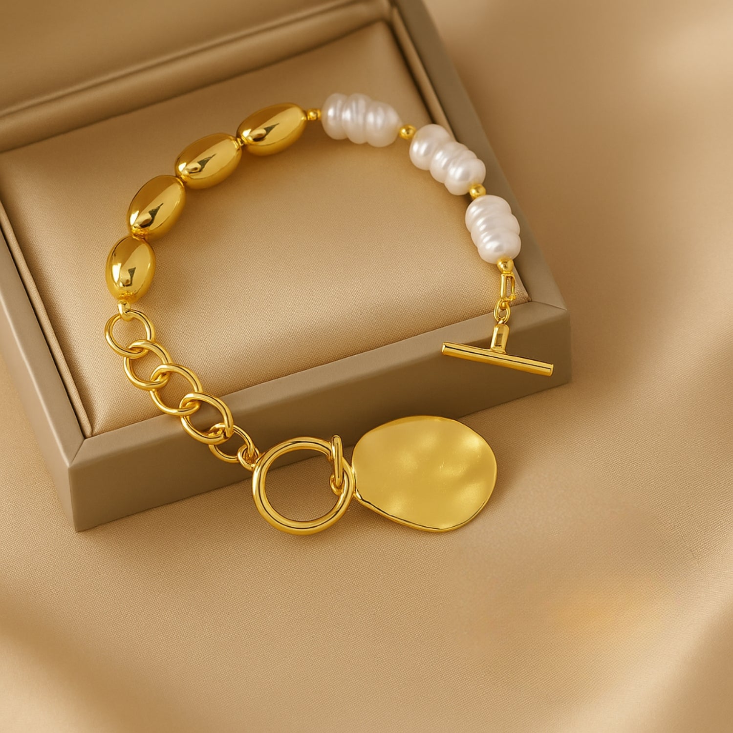 Women’s Gold-Tone Toggle Charm Bracelet with Baroque-Style Pearls & Hammered Pendant | Mixed-Link Chain Statement Fashion Jewelry