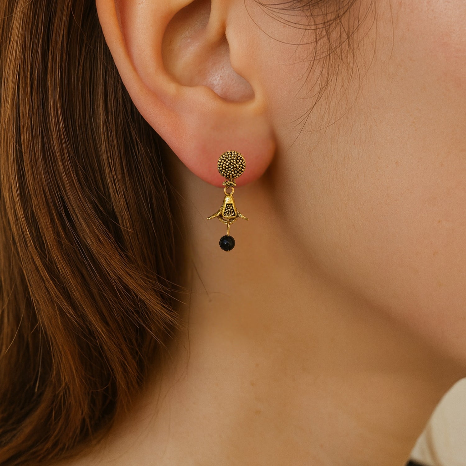 Gold-Tone Floral Dangle Earrings for Women & Girls | Traditional Drop Earrings with Black Bead | Lightweight Daily & Festive Wear Jewellery