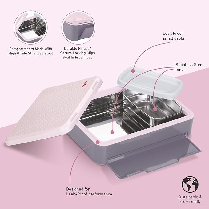 Nayasa Luna Insulated Inner Stainless Steel Lunchbox | BPA Free and Leak-Proof | Subtle Look and Compact Size | Small | 500 ML | Pink