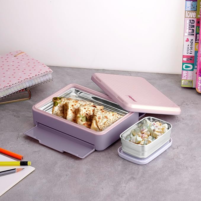 Nayasa Luna Insulated Inner Stainless Steel Lunchbox | BPA Free and Leak-Proof | Subtle Look and Compact Size | Small | 500 ML | Pink