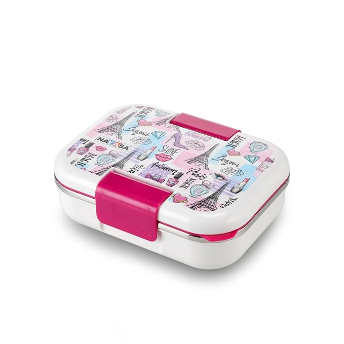 Nayasa Marco 2 Compartment Vaccum Sealed Insulated Stainless Steel Lunch Box for Kids| Paris Print | Leak Proof Tiffin Box | Big | 650 ML