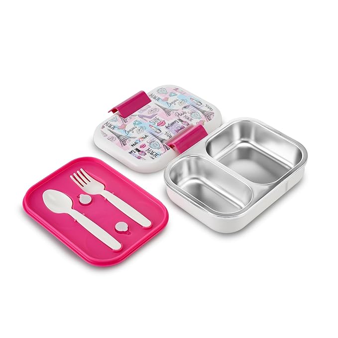 Nayasa Marco 2 Compartment Vaccum Sealed Insulated Stainless Steel Lunch Box for Kids| Paris Print | Leak Proof Tiffin Box | Big | 650 ML