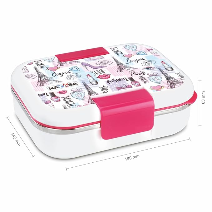 Nayasa Marco 2 Compartment Vaccum Sealed Insulated Stainless Steel Lunch Box for Kids| Paris Print | Leak Proof Tiffin Box | Big | 650 ML